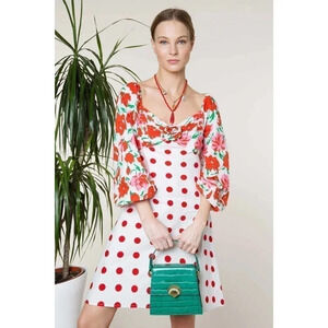 Rixo Rosemarie Mini Dress White Red Polka Dot Floral Size XS